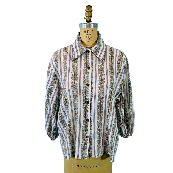 Vintage 1970s Floral Blouse Boho Land 'N Sea Striped Top | B 52" - Picture 4 of 9